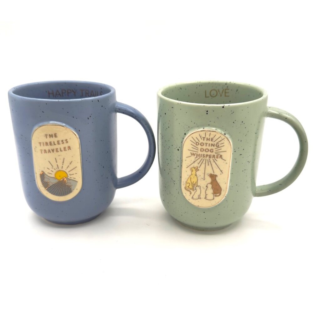 Anthropologie Stoneware Mug Set Tireless Traveler & Dog Whisperer Speckled 16oz